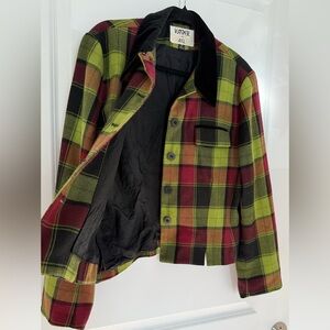VTG KASPER A.S.L Cropped Wool Blazer Plaid Green/Violet Women's 14 Velvet Collar